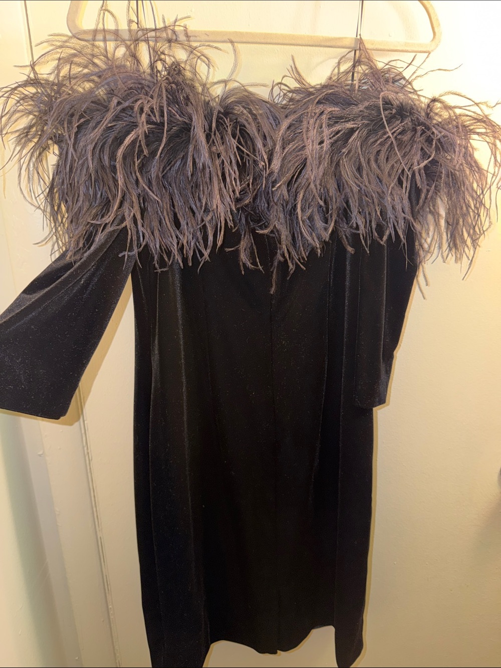 Teri Jon Black Velvet Dress with Feather Trim - Picture 4 of 4